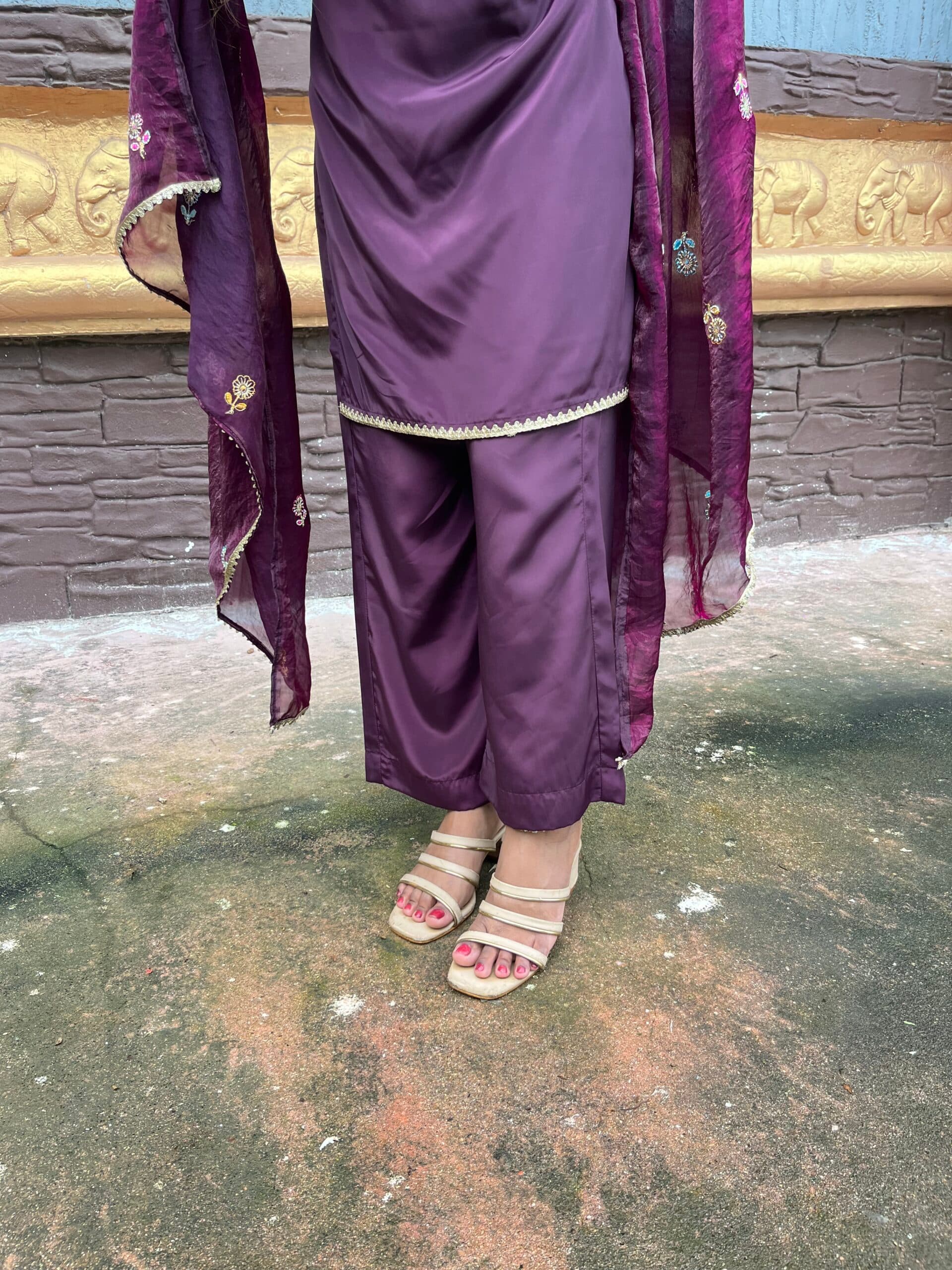Rui - Wine Silk blend straight kurta palazzo with dupatta — Image 3